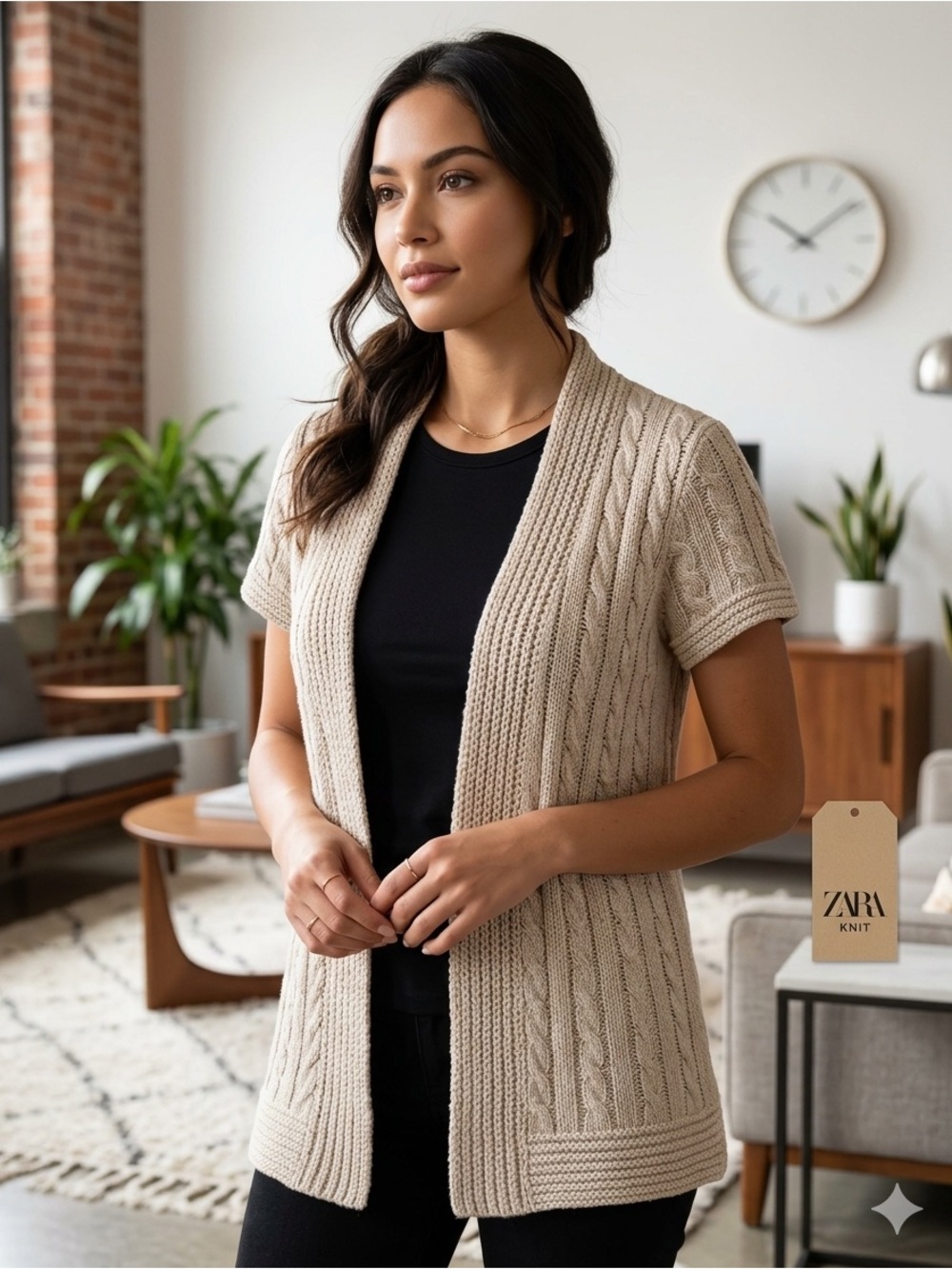 Zara Knit Beige Cable Knit Short Sleeve Open Front Cardigan Sweater 1757